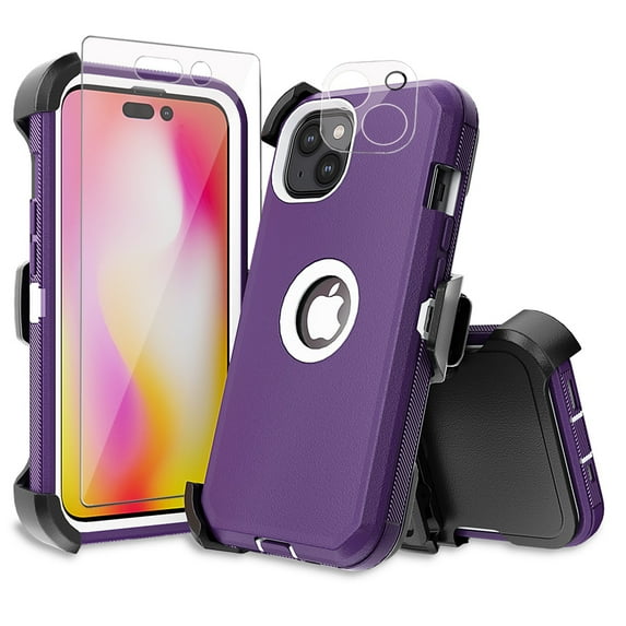 Xhy iPhone 14 Plus Case with Belt Clip Holster+Screen and Lens Protector Military Grade Heavy Duty Shockproof Armor Detachable for iPhone 14 Plus 6.7 inch 2022 Phone - Purple+White