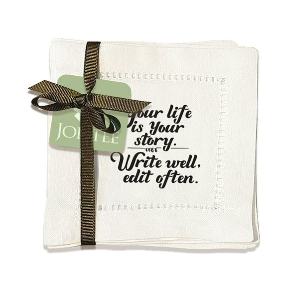 Jolitee Decorative Hemstitch Cocktail Napkins, 6"x6" Washable Linen-Like Cloth Napkins, Handmade for Entertaining and Everyday Use (Your Life)