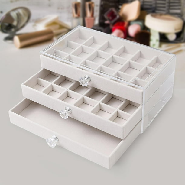 Joyero de tela de terciopelo con 3 cajones, organizador de pulseras y accesorios, elegante estuche de acrílico de 23 x 13 x 10 cm para pendientes. Beige