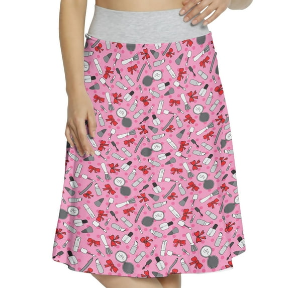 Women's Pink Polka Dots Makeup Tools Ribbon A-line Printed Skirt Casual Wear, 3XL, Pink Vermilion, by Ambesonne