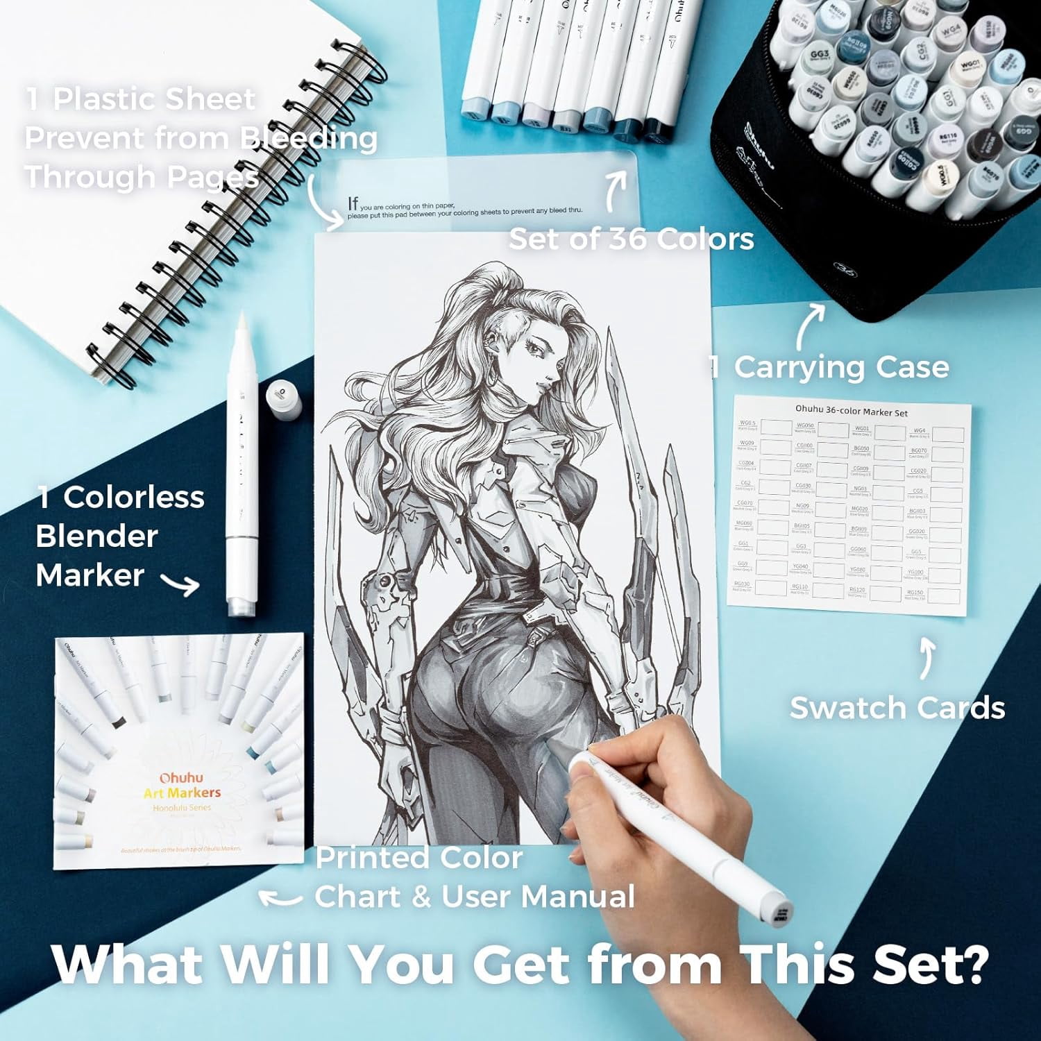 Ohuhu 36 Grayscale Alcohol Markers, Brush & Fine Tips with Blender, for Shading & Illustration – Honolulu B
