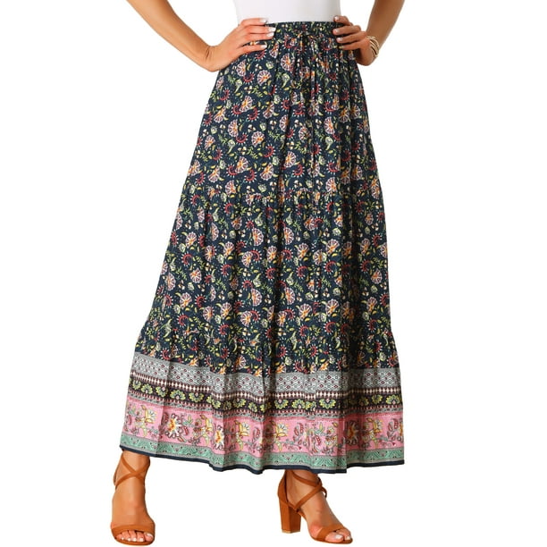 Faldas Boho para Mujeres INSPIRE CHIC con Estampado Floral, Faldas Maxi Casuales de Cintura Elástica para Primavera Verano, Talla XS, Azul Marino