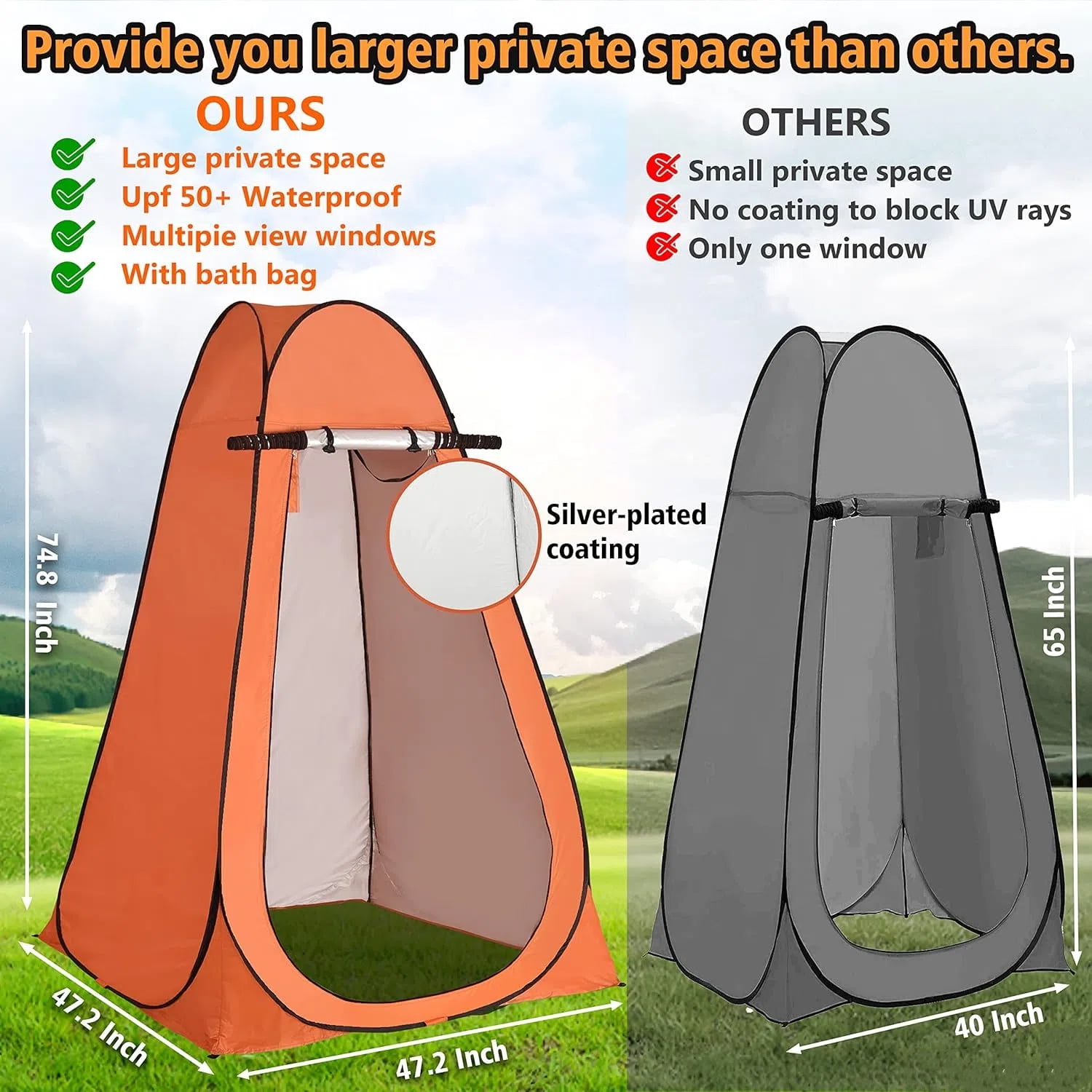 Pop Up Privacy Tent, Outdoor Privacy Shower Tent Portable Changing Room Camping Toilet with Carry Bag, Foldable Privacy Shelter Dressing Room Bathroom Toilet Shower Tent for Camping, Orange