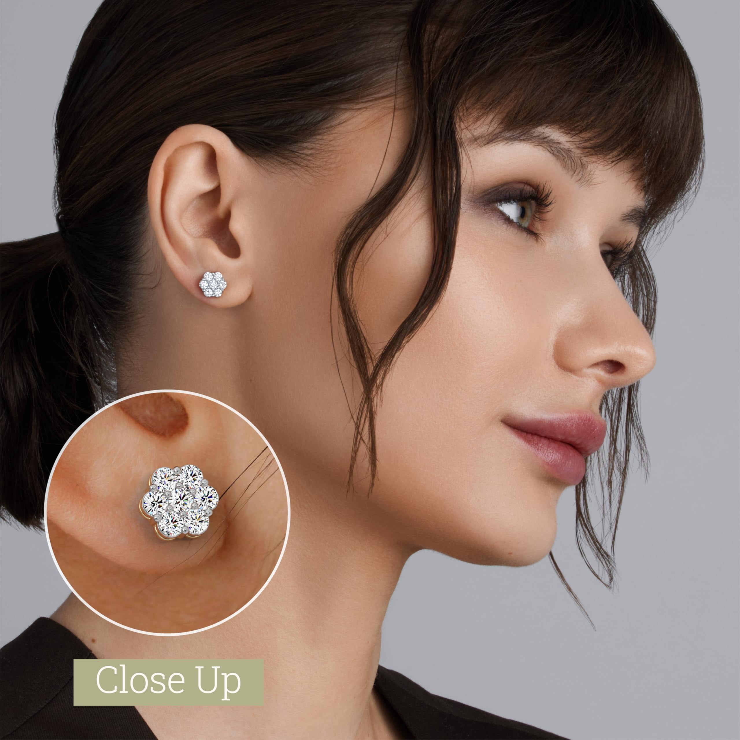 Gilded 2 Carat Total Weight Lab-Grown Diamond 14KT Yellow Gold Plated Silver Stud Earrings for Women, 7-Stone Flower Shaped, Hypoallergenic Fine Jewelry, Prong Setting, Push Back SI1 Clarity, F Color