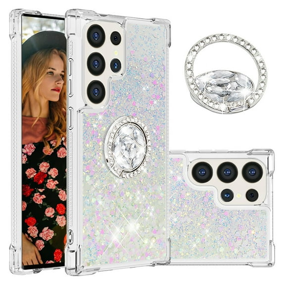 CCSmaller Glitter Clear Sparkly Bling Case for Samsung Galaxy S24 Ultra (Not S24), Flowing Liquid Quicksand Cover with Diamond Ring Holder Case for Samsung Galaxy S24 Ultra LSZ Colorful