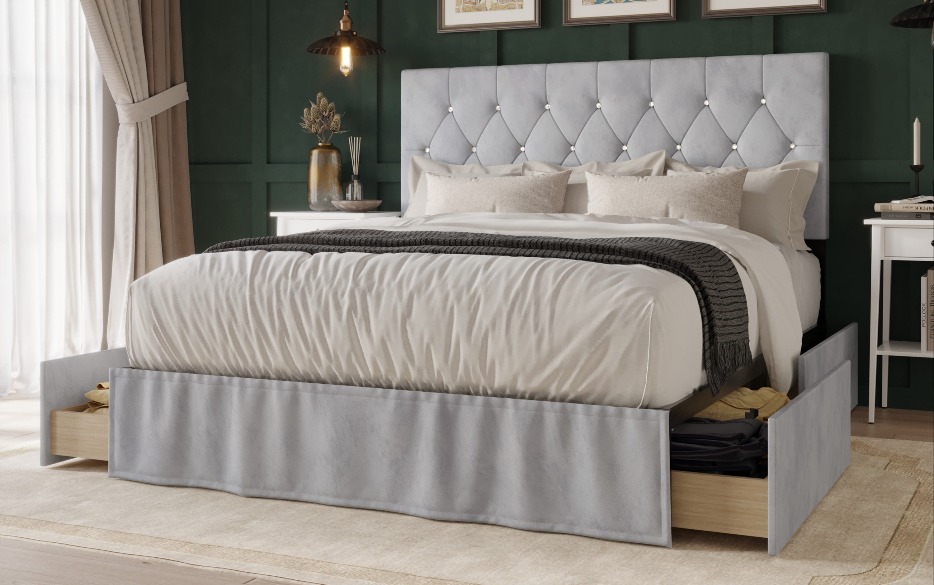 Home Design Jovita Queen Tufted Upholstered Storage Panel Bed Frame with Diamond Button Tufting and Four Drawers, Silver Gray, Easy Assembly