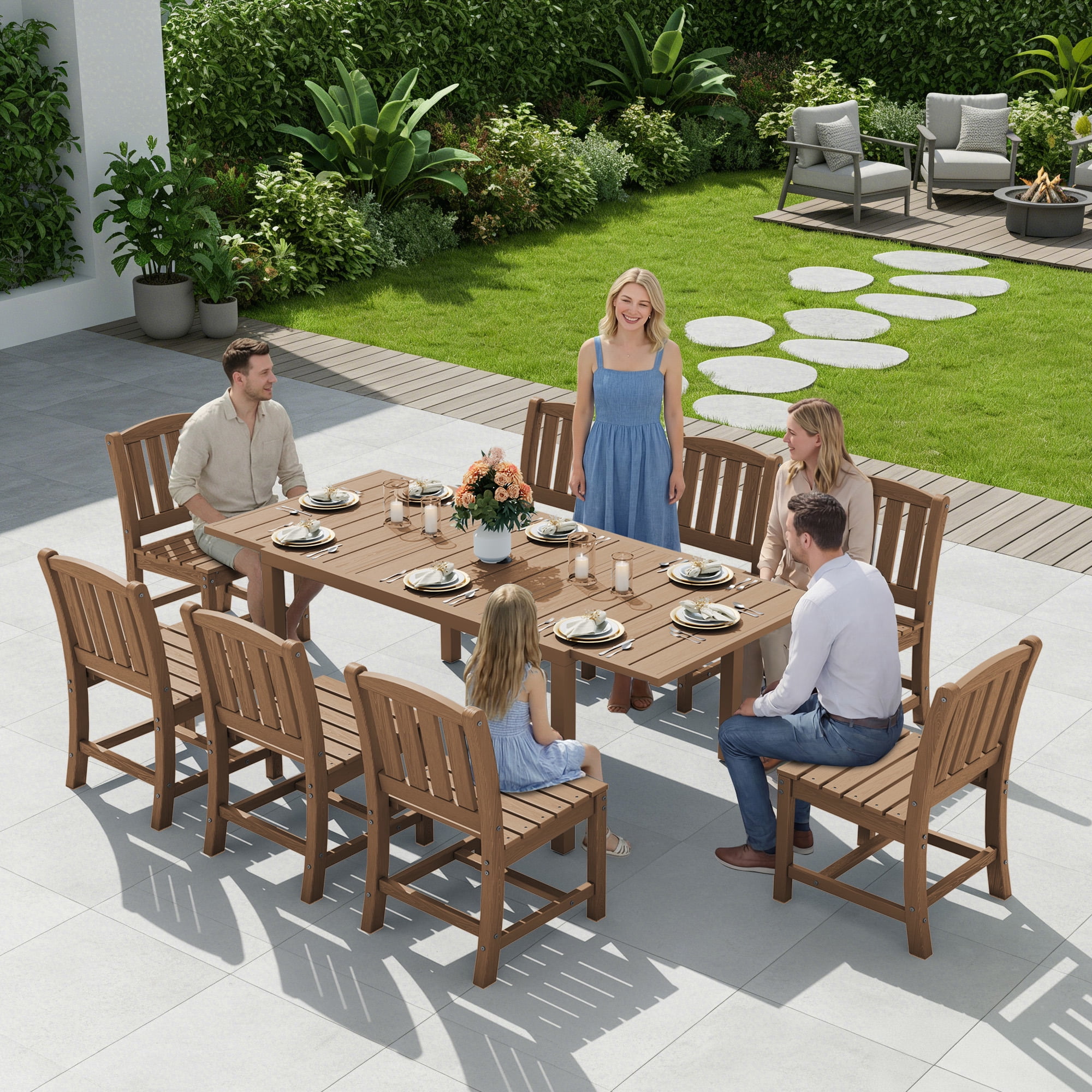 SERWALL 9-Piece Outdoor Dining Set with Expandable Patio Dining Table and 8 Chairs, 60–83 Inch All-Weather HDPE Patio Furniture Sets for Backyard, Garden, Deck, Poolside - Brown