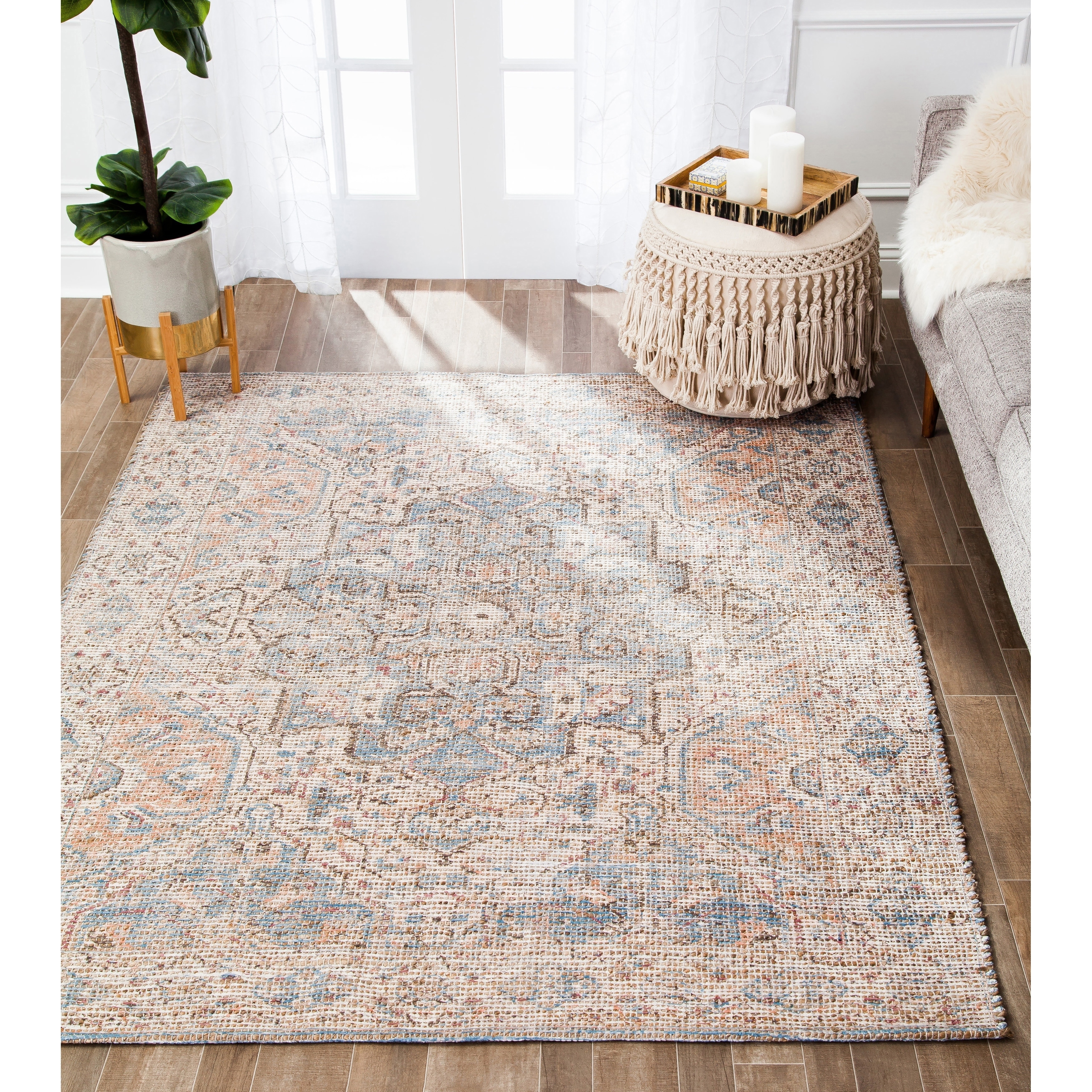 Jani  Davia Distressed Beige Jute-blend Rug 8' Round Oriental, Medallion, Geometric 8' Round Entryway, Living Room, Dining Room Round Braided