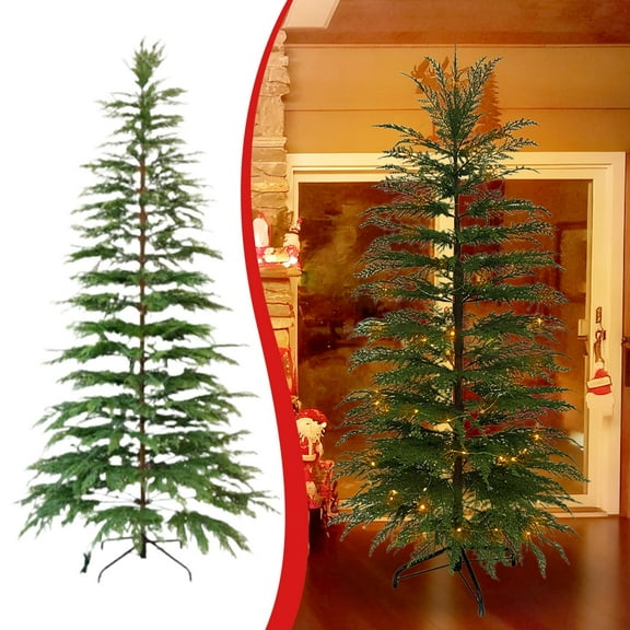 Pre-Lit Artificial Christmas Tree with LED Lights, Slim Holiday Xmas Tree with Realistic PE Foliage and Stand, Easy Assemble Indoor Home Decor for Living Room, Office, Party Christmas Decorations