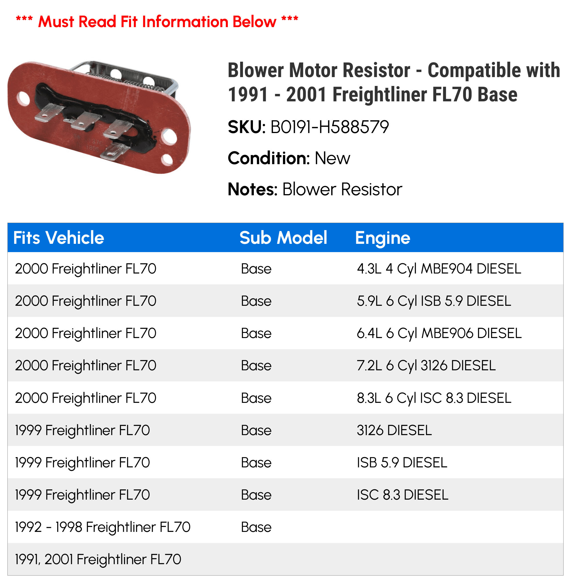Blower Motor Resistor - Compatible with 1991 - 2001 Freightliner FL70 Base 1992 1993 1994 1995 1996 1997 1998 1999 2000