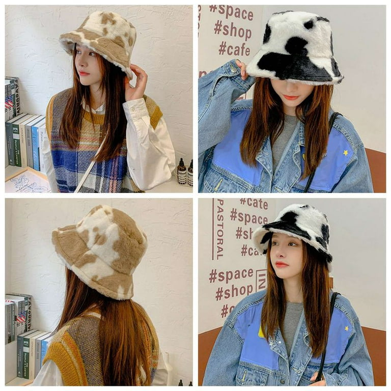 Women's Cow Print Faux Fur Bucket Hat