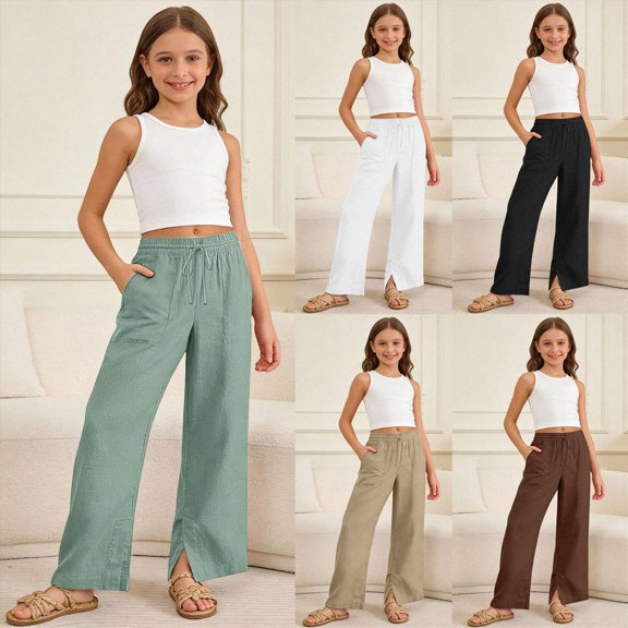 9-10 Years Child Cargo Pants Girls Casual Elastic High Waisted Pants for Girls Baggy Cargo with Pockets