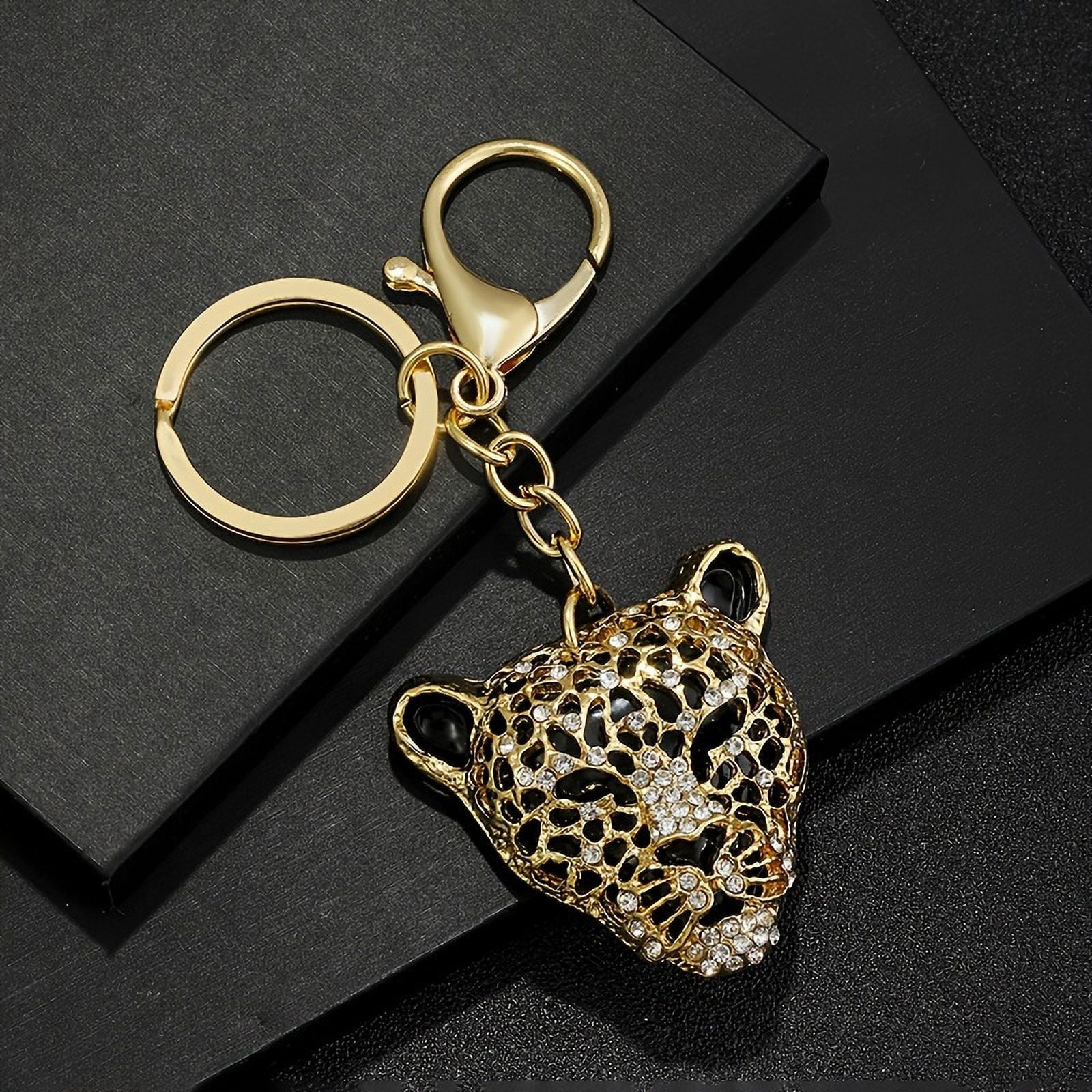 Two -color leopard head key ring, with rhinestone -durable zinc alloy, fashionable hollow design, perfect suitable for couple accessories, fashion keychain | rhinestone embellishment | durable,Gold