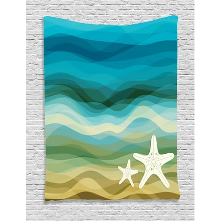 Modern Tapestries Collection Abstract Tapestry, Abstract Design Modern Illustration of Waves Starfish Sandy Beach Aquatic Theme, Wall Hanging for Bedroom Living Room Dorm Decor, Blue Beige, by Ambesonne ()