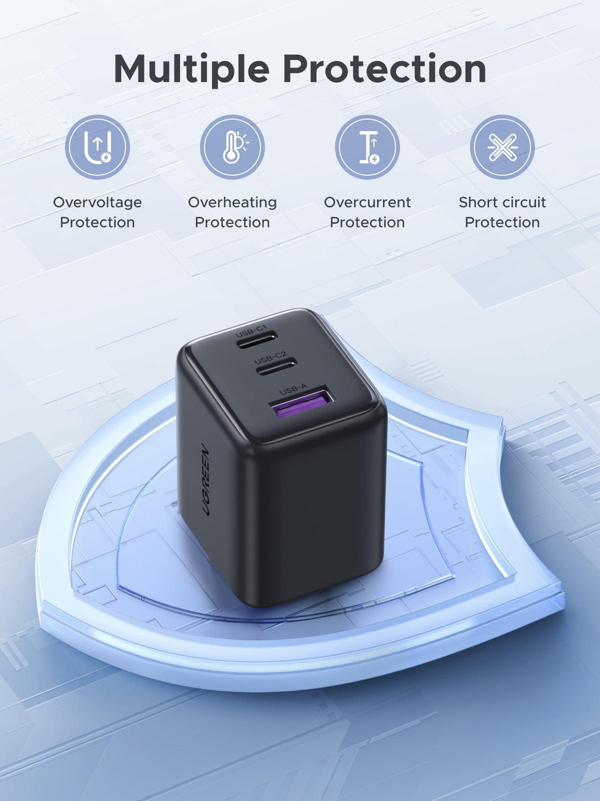 UGREEN 30W USB C GaN Charger with 3 Ports, Fast Wall Charger Block for Cell Phone and Tablet, Black