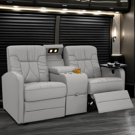 Qualitex De Leon RV Loveseat w/ Storage Console, Ultimate Leather, Heat and Massage, Power Recline, Ash