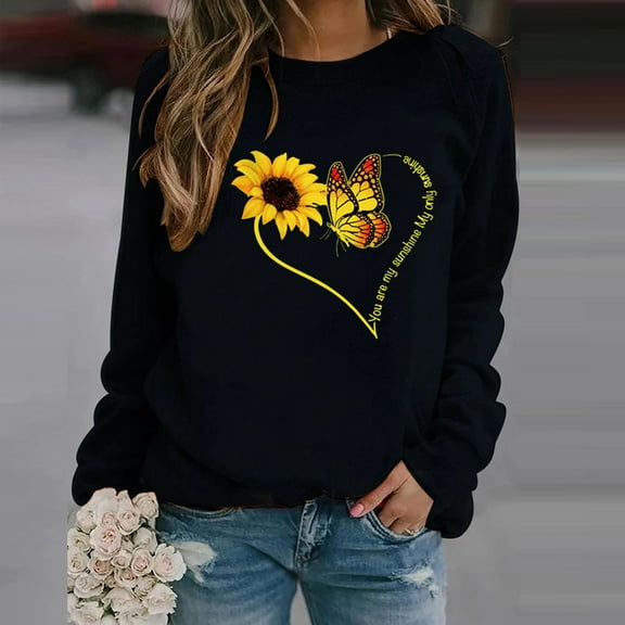 Jsaierl Women's Crewneck Sweatshirts Plus Size Trendy Sunflower Print Sweatshirt Top Long Sleeve Workout Fall Pullover Sweatshirts