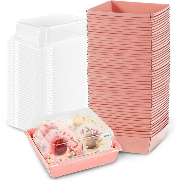 50 Pack Charcuterie Boxes with Clear Lids, 4 Inches Pink Small Square To Go Paper Bakery Dessert Treat Box, Disposable Mini Food Container for Sandwich Cookie Brownie Slice Cake Strawberry Snack