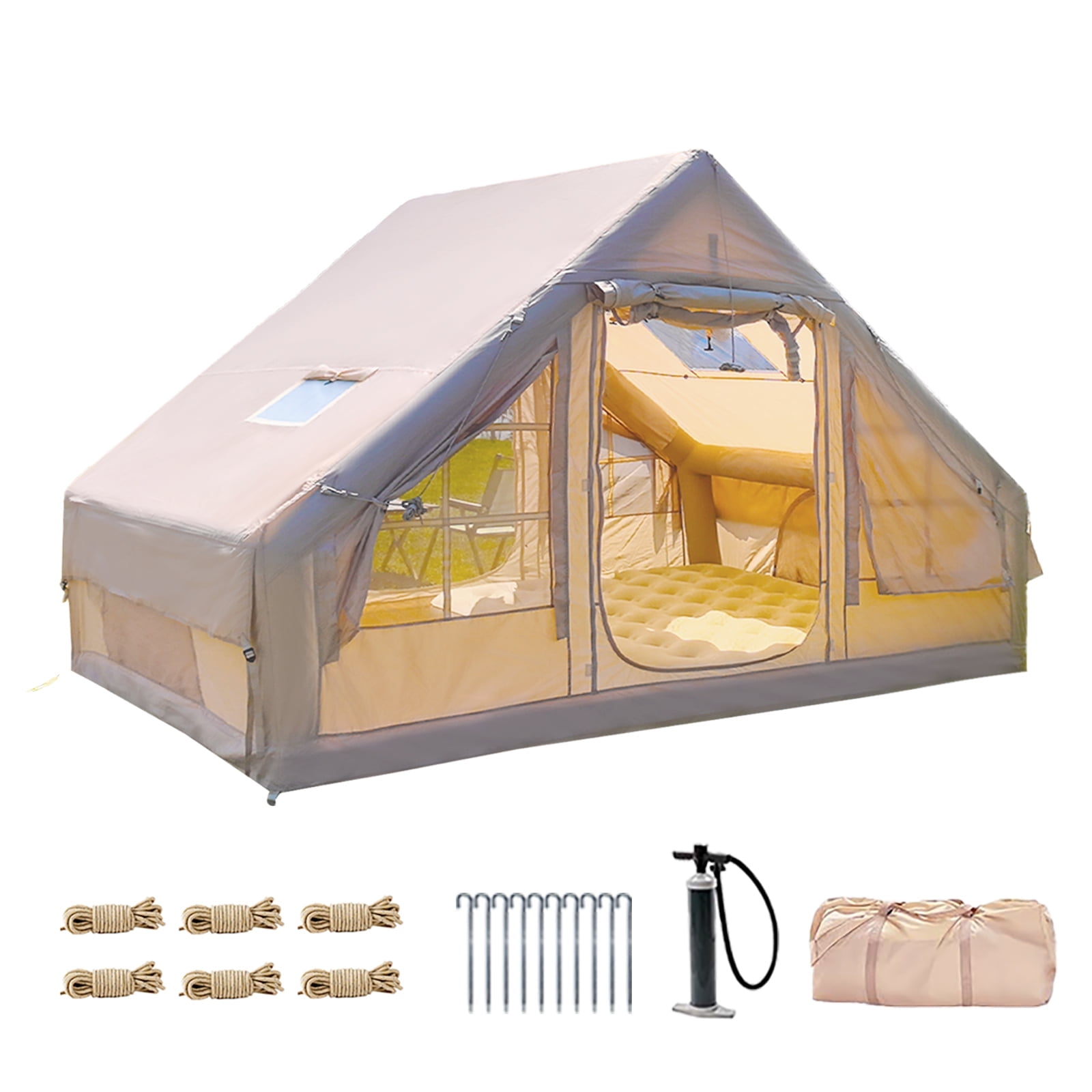 9.8' x 7' Inflatable Camping Tent,4 Season Blow up Tents for Camping, 4-6 Person Inflatable Tent with Stove Jack,Air Tents,Glamping Tent,Waterproof Luxury House with Mesh Window