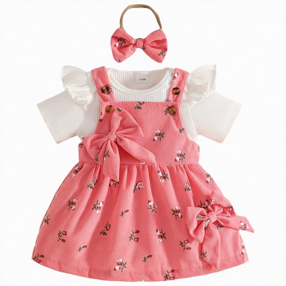 mgoYE Newborn Baby Girl Summer Overall Dress Infantl Short Sleeves Ribbed Romper Bow Skirt Set 3Pcs Outfits(Watermelon Red,3-6 Months)