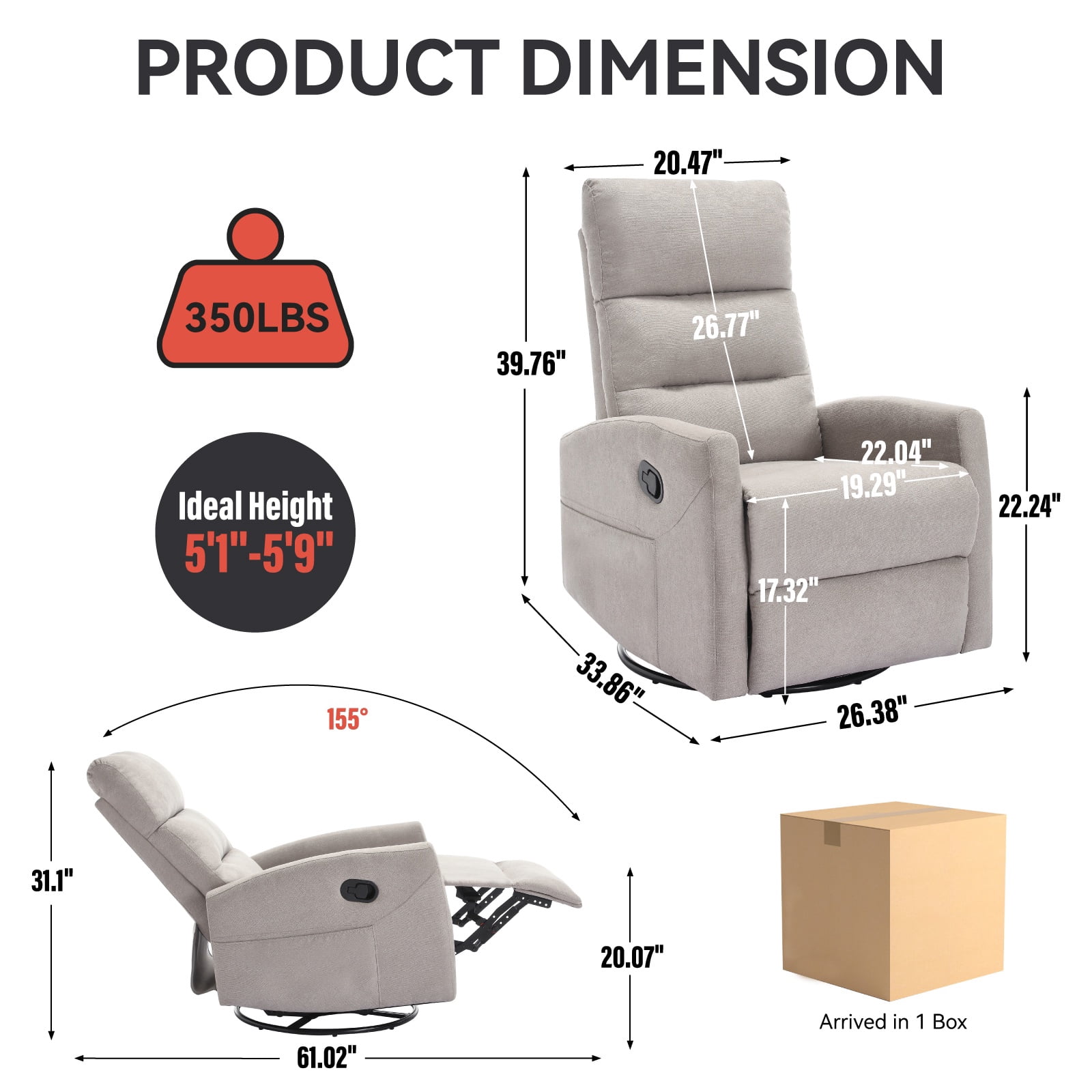 360°Swivel Rocker Recliner, PAPROOS Small Rocking Recliner Chair, Home Theater Recliner with 2 Side Pockets, Nursery Glider Recliner, Manual Recliner for Adults for Living Room,   Light Gray