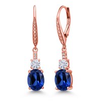 Gem Stone King 18K Rose Gold Plated Silver Blue Created Sapphire and Moissanite Dangle Earrings for Women with Lab Grown Diamond (5.09 Cttw, Oval 9X7MM)