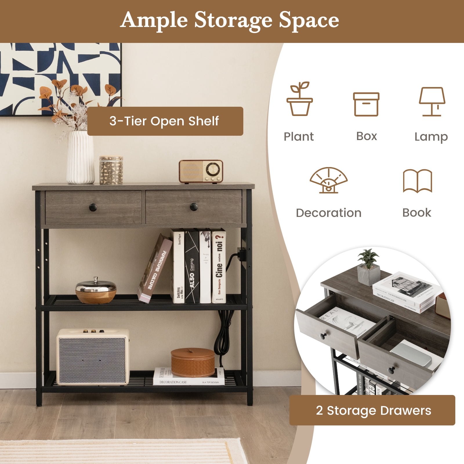 Giantex Console Table w/Outlets , Entryway Table w/USB Ports, Narrow Sofa Table, Entry Hallway Table, Grey