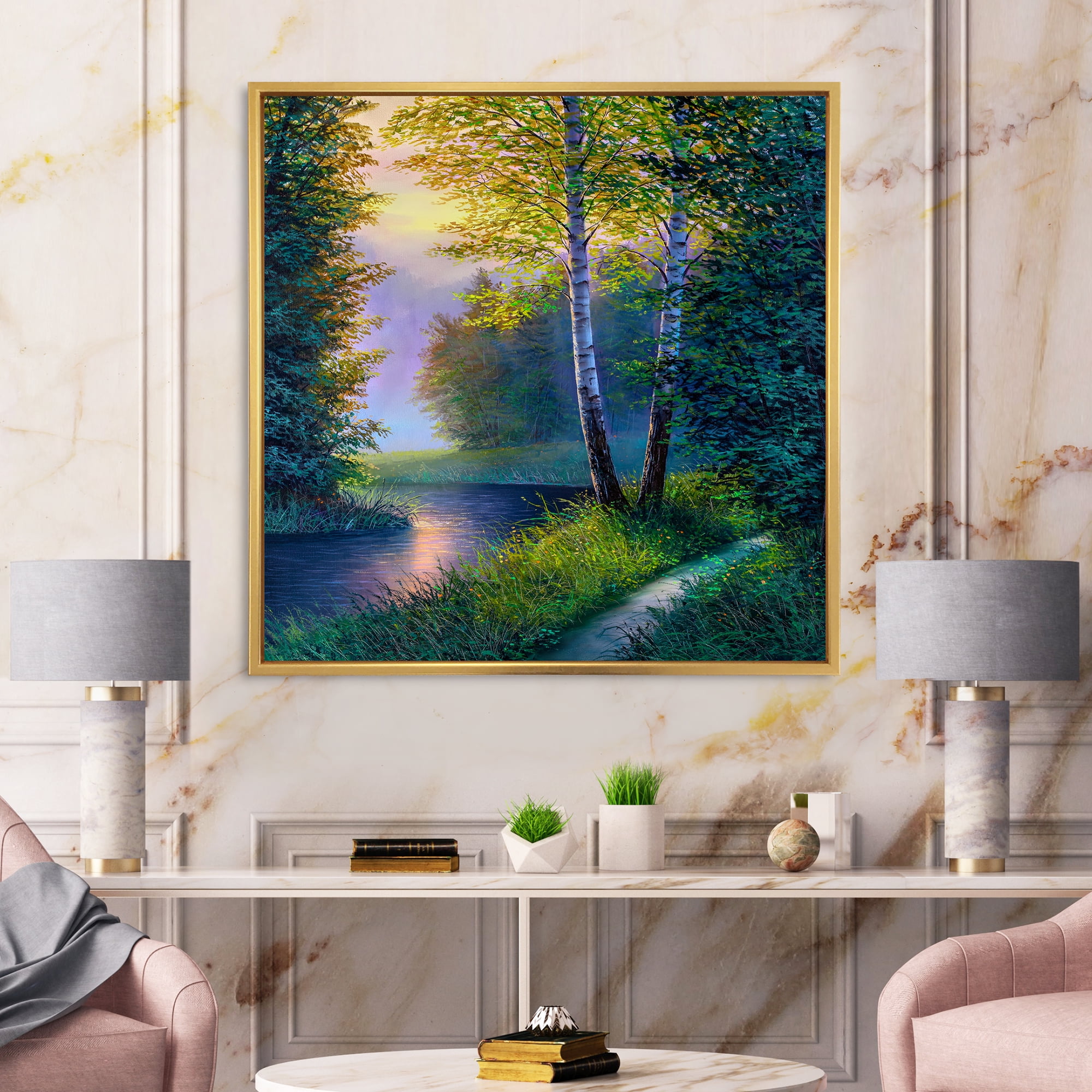 Sunrise Glow Through The Birch Forest 30 in x 30 in Framed Painting Canvas Art Print, by Designart