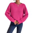 thumbnail image 3 of Women Solid Crew Neck Cropped Drop Shoulder Oversized Long Sleeve Soft Knit Sweater 102 - Fuchsia L, 3 of 10