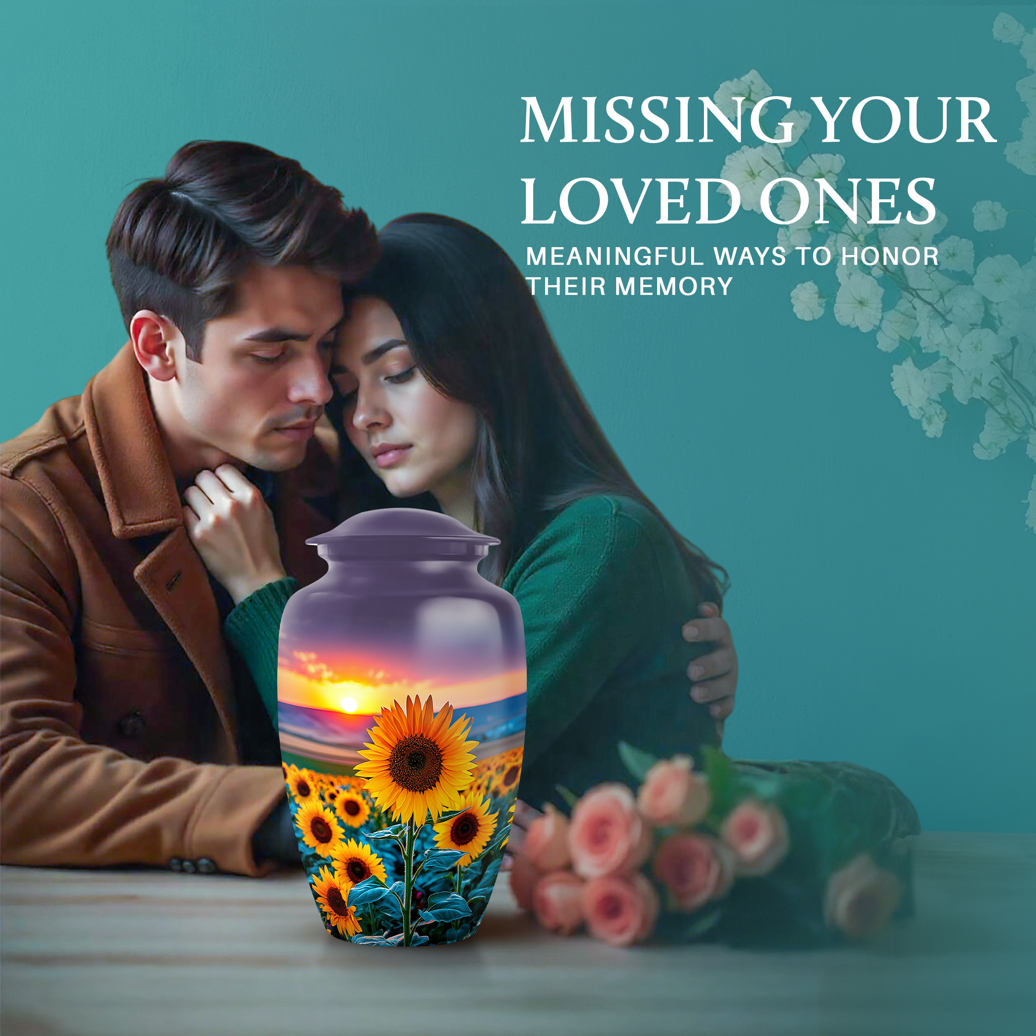 SABURIAL Sunflower Urn - Memorial Urn for Human Ashes - Combo 1 - Large with 3 Inch Pack of 1 - Human Remains for Mom & Dad - Decorative Urns for Adult - Burial Urns
