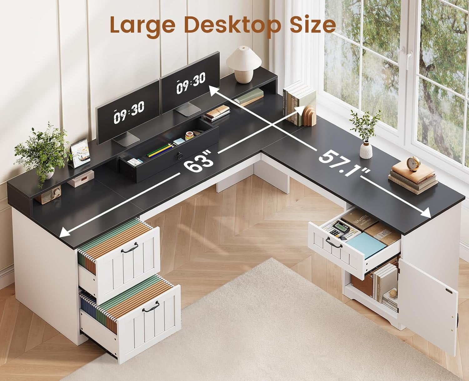Farmhouse L Shaped Desk with Storage, Rustic Corner Desk with Monitor Stand, 2 File Drawers & 1 Cabinet, Home Office Desk with Spacious Desktop, Large PC Workstation, White & Black Top