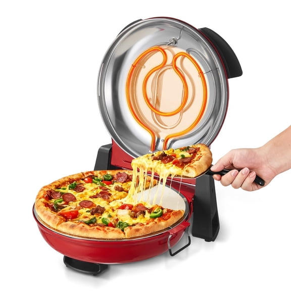 Pizza Oven, 12 in Electric Pizza Maker, 1200W Electric Pizzas Cooker with Cordierite Stone, 5-Mode Temperature Control, Viewing Window for Precise Cooking, Heats up to 788 ˚F, for Home (Red)