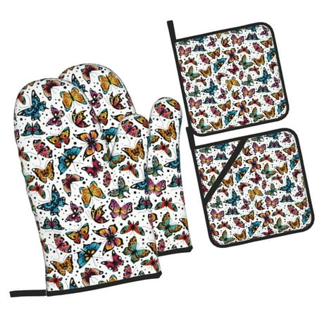 

Fotbe Cute Butterfly for 4Pcs Oven Mitts and Pot Holders 500℉ Heat Resistant Oven Mitts Non-Slip Silicone Surface Safe for Baking Cooking BBQ