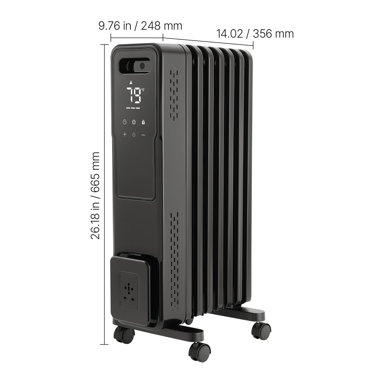 KFFKFF Electric Oil-Filled Radiator, 1500W Space Heater with Dual U-Shaped Heating Elements, Safety Features, Adjustable Heat Levels, 24-Hour Timer, Wheels for Mobility, Remote Control, Black