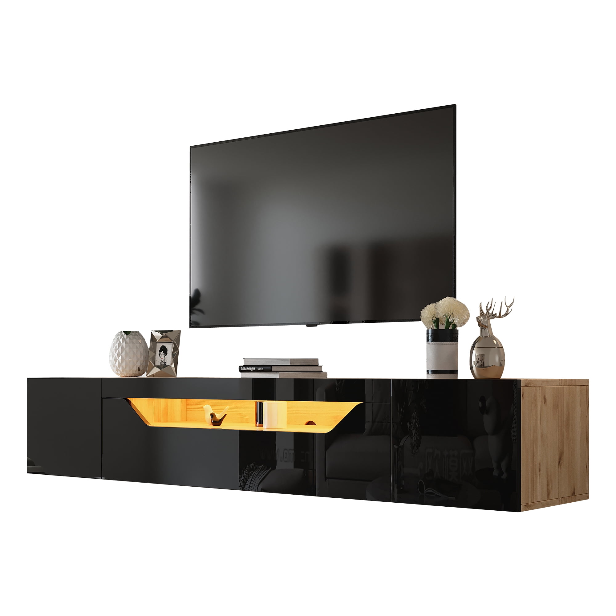 Homy Casa meuble TV flottant 64,9 po pour téléviseurs jusqu’à 65 po, console murale avec DEL par appli, noir lustré et chêne