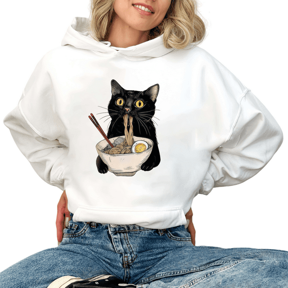 White Black Cat Eating Ramen Graphic Sweatshirt Print hoodie womens S-2XL for Daily Wear Tops