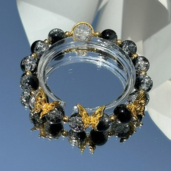 Lingsun Korean Pink Crystal Flowers Butterfly Pendant Beaded Bracelet For Women, C7A7