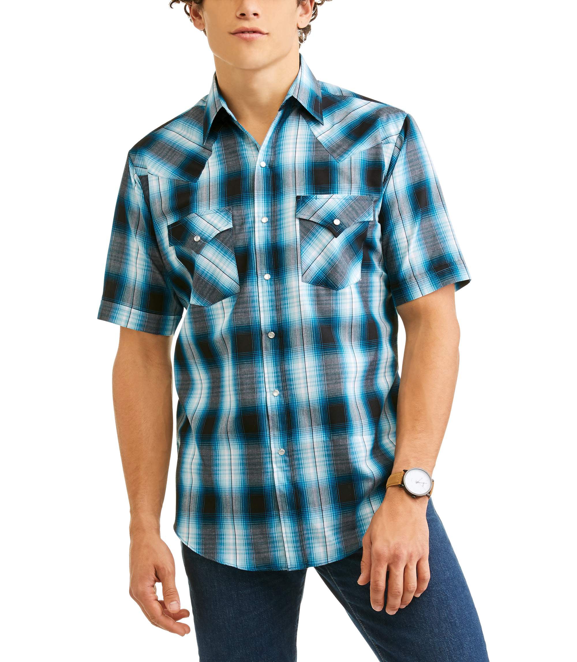 Short Sleeve Mens Plaid Western Shirt - Walmart.com