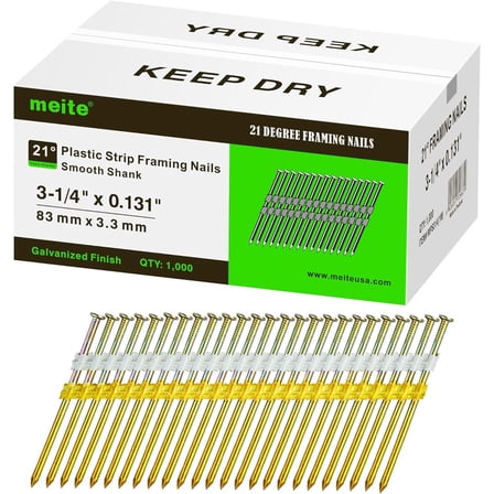 1,000 PCS MEITE Framing Nails, 21 Degree 3-1/4" Length Round Head Galvanized Nails Smooth Shank