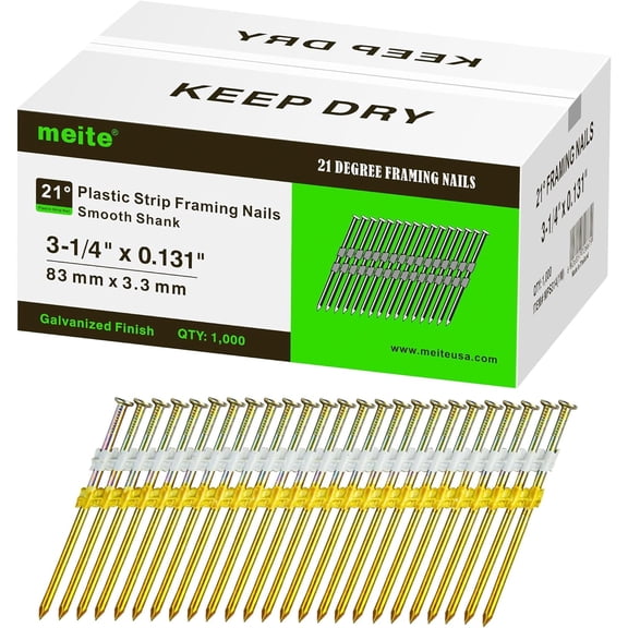 1,000 PCS MEITE Framing Nails, 21 Degree 3-1/4" Length Round Head Galvanized Nails Smooth Shank
