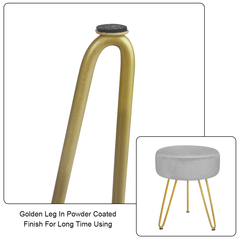 Velvet Footrest Footstool Ottoman Round Modern Upholstered Vanity Foot Stool Side Table Seat Dressing Chair with Golden Metal Leg Grey - image 5 of 10
