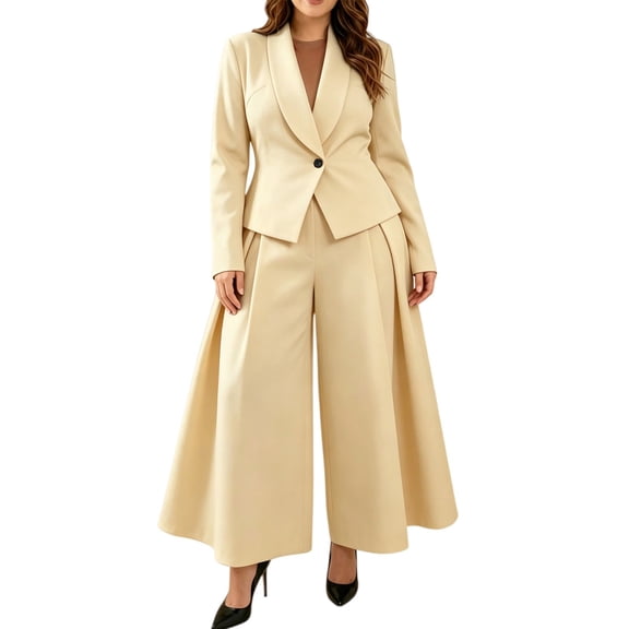 BODOAO Women's Dressy Pant Suit Mesh Sheer Sleeve Ruffle Blazer and Wide Leg Pants Set, Casual Work Office Business Party Matching Pantsuit Outfit for Meetings and Events Beige L