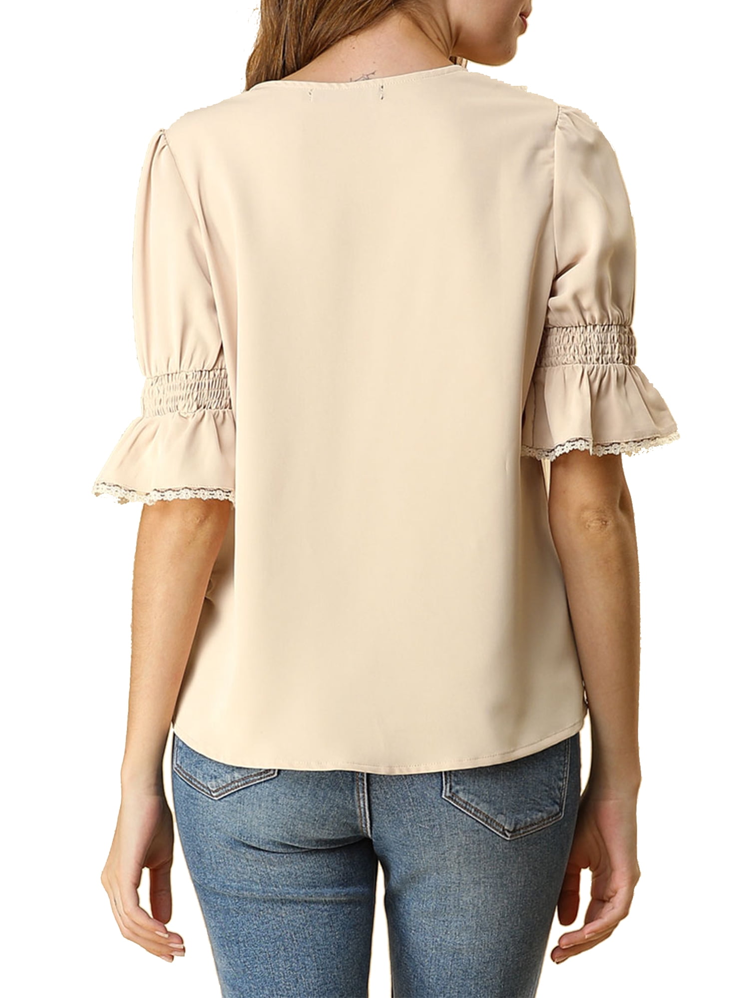 DARING DIVA Women's Ruffle V Neck Half Bell Sleeve Chiffon Top S Beige