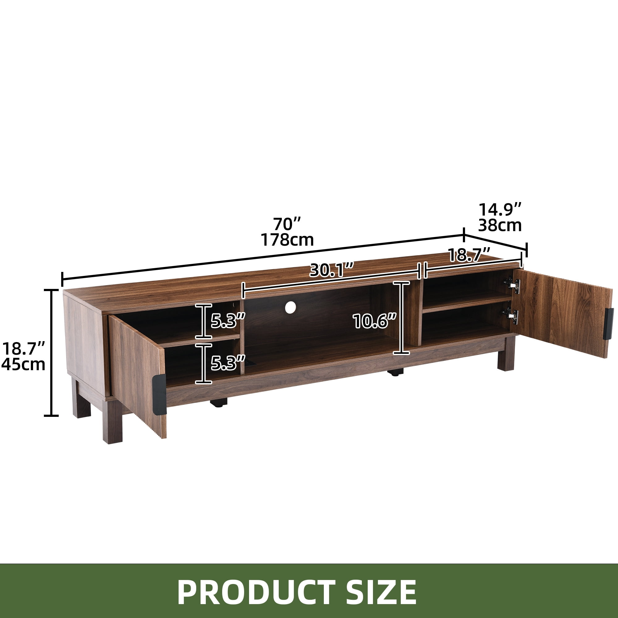 Uforic 70 Inch Mid-Century Modern Fluted TV Stand with Built-in Charging Station, Adjustable Shelves & Cable Management for 75/80 Inch TVs, Walnut Oak