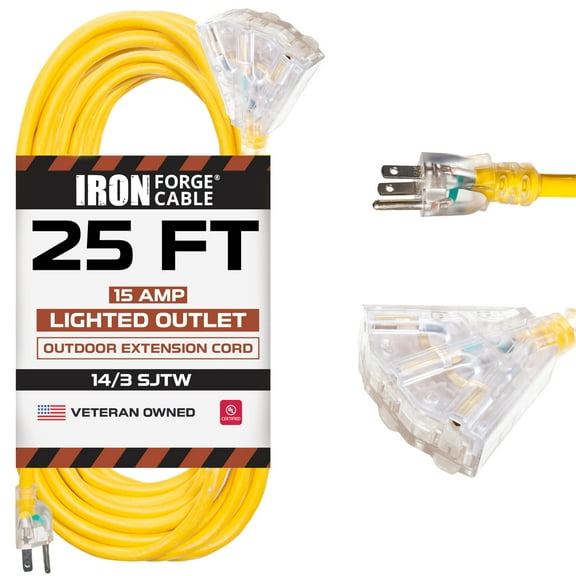 Iron Forge Cable 25ft Yellow Outdoor Extension Cord with 3 Outlets - 14/3 SJTW 15 Amp 25ft Extension Cord 3 Prong - Multiple Outlets with Lighted End