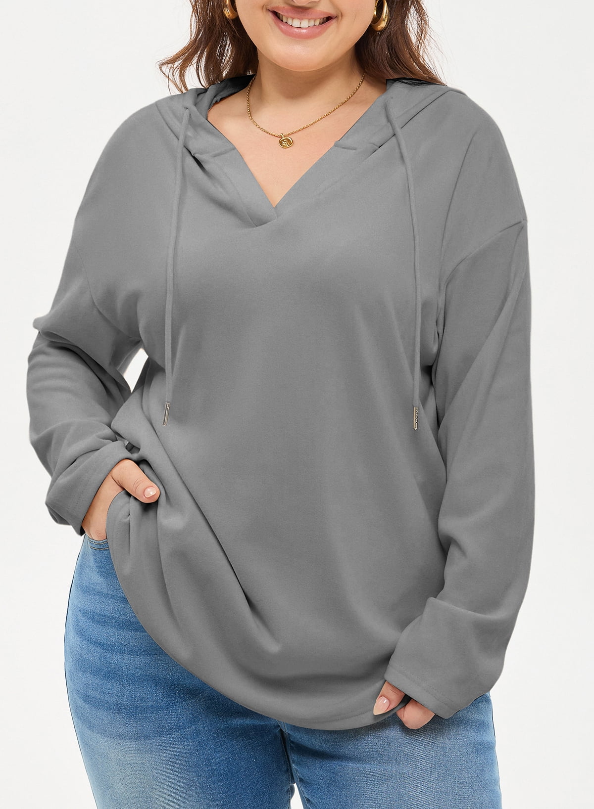 SHEWIN Sweatshirt for Women Plus Size Hooded Sweatshirts Fleece Sweatshirt V Neck Drawstring Long Sleeve Hoodie Pullover Tops for Fall 2025 Gray 3X