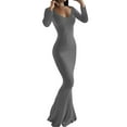 thumbnail image 3 of Xuanfei Women Boat Neck Solid Color Long Sleeve Bodycon Fishtail Dress, 3 of 4