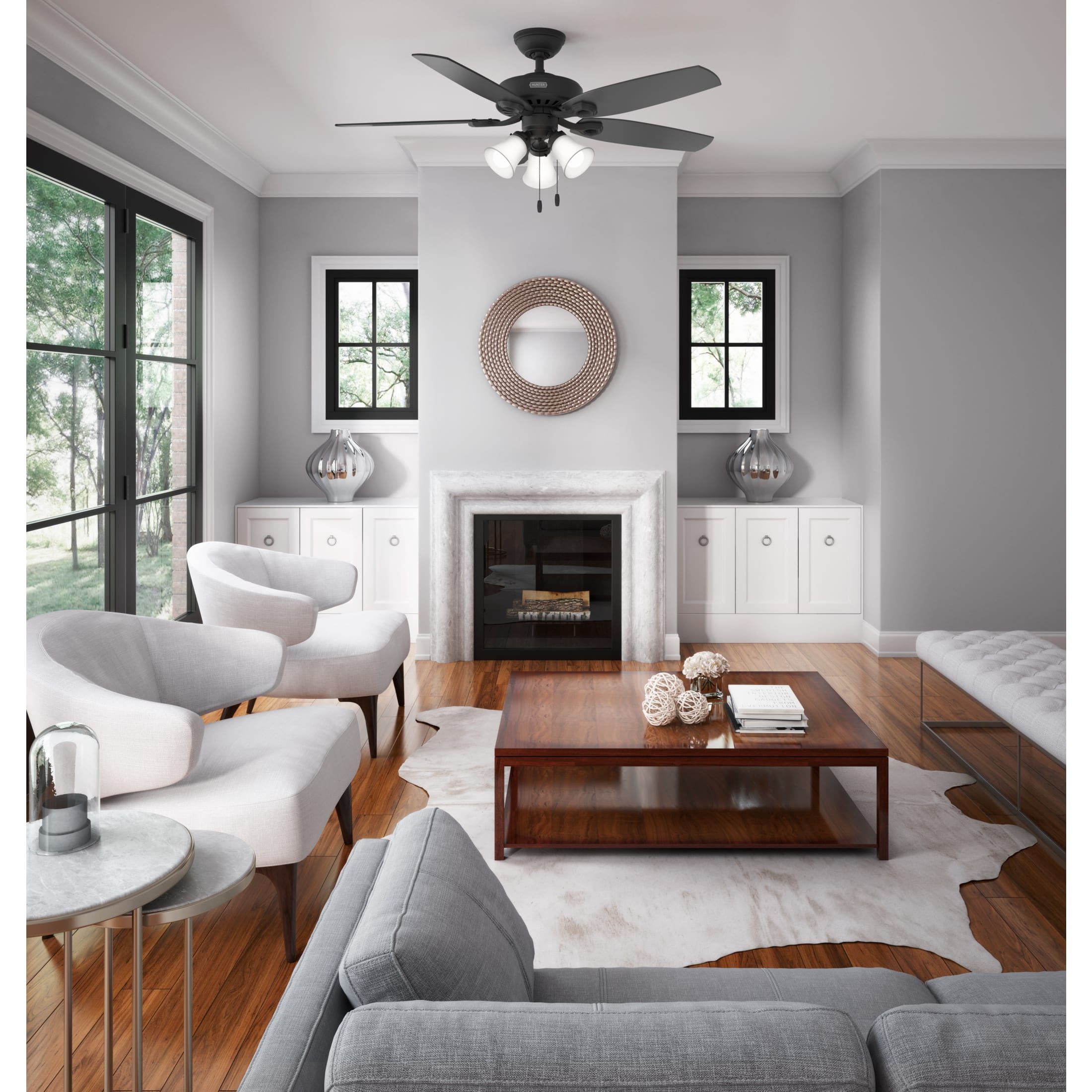 Hunter 52 inch Indoor Ceiling Fan with LED Lights - Black Ceiling Fan with Pull Chain, For Bedroom or Living Room, Standard Mount, No Remote, 5 Blades, Includes Bulbs- Builder Plus 52387, Matte Black