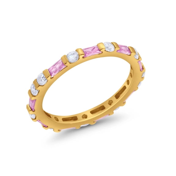 Elegant Baguette and Round Cut Lab-Created Pink Sapphire & Moissanite Eternity Wedding Band Ring in 925 Sterling Silver – Timeless Design for Her