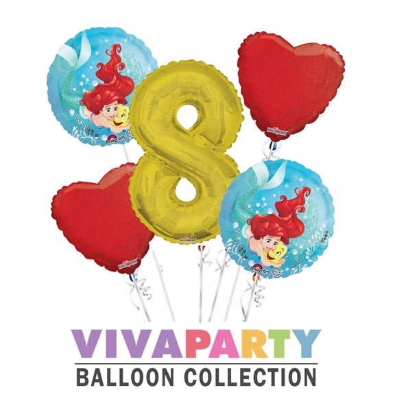 Ariel (Little Mermaid) Balloon Bouquet 5 pc, 8th Birthday, Gold Number 8 Jumbo Balloon | Viva Party Balloon Collection